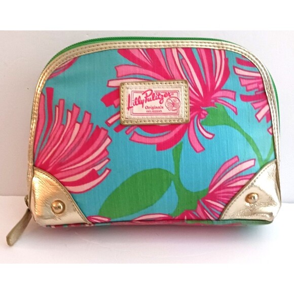 Lilly Pulitzer Zippity-Do Make Up Bag Retro Logo Bright Floral Gold Trim - Picture 1 of 11